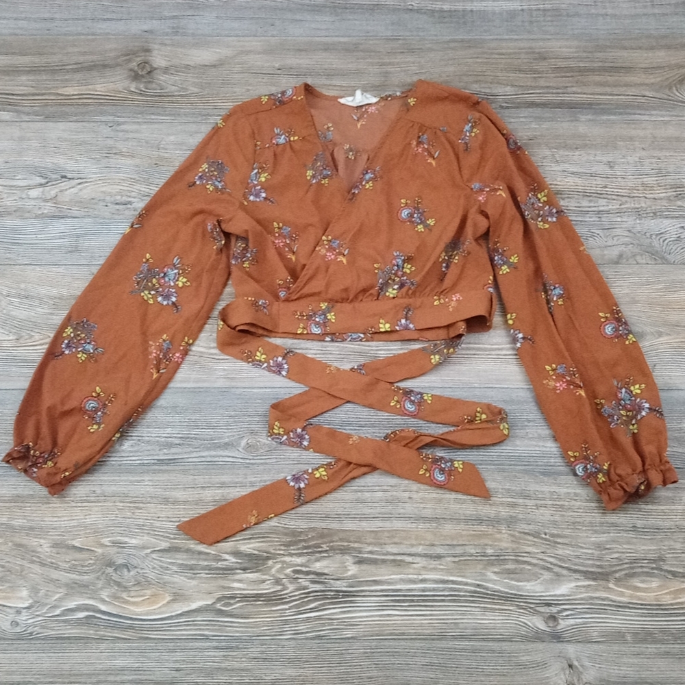 Sweet Wanderer Crop Wrap Long Sleeve Belt Blouse Top